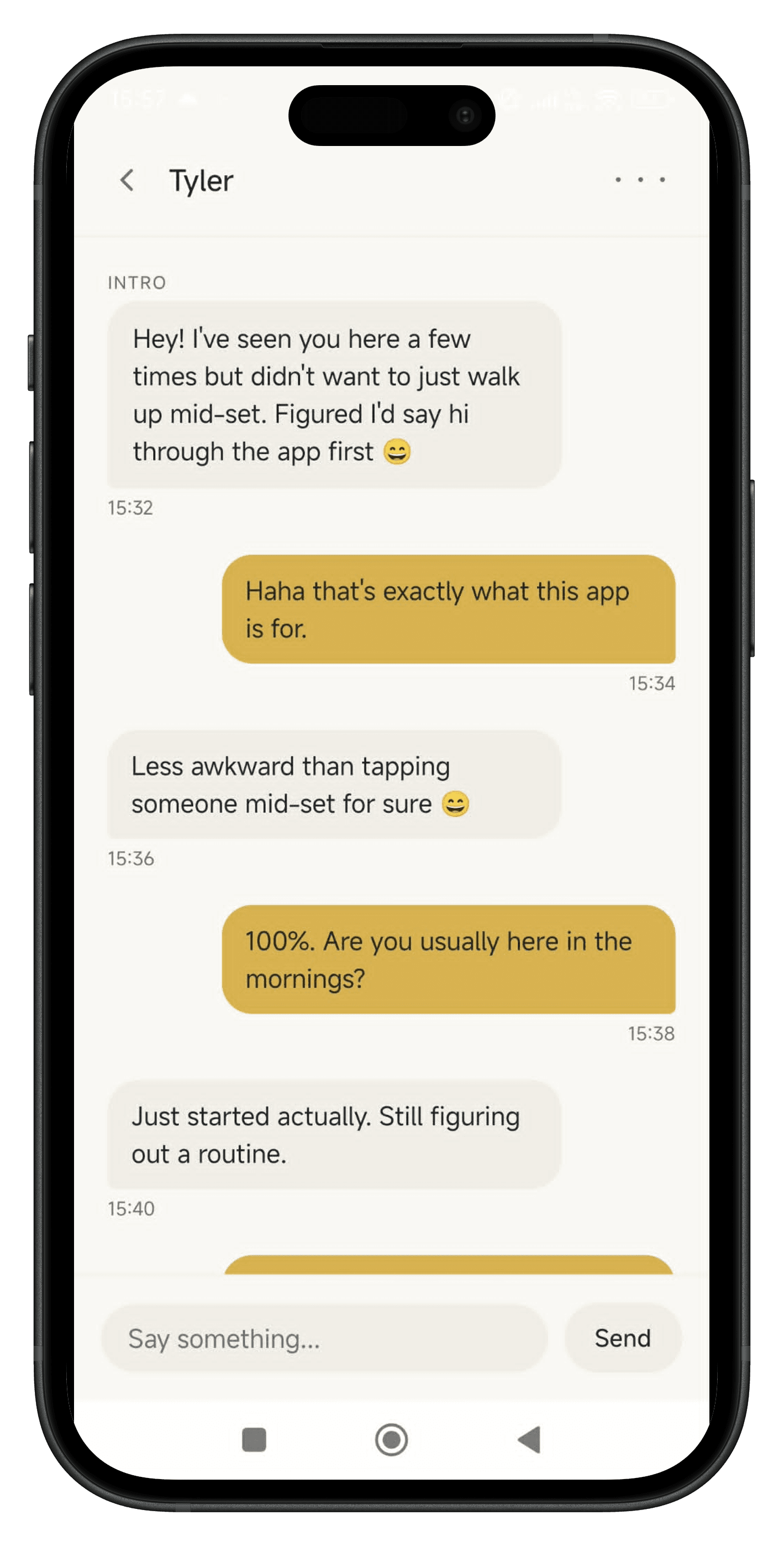 A Spottr conversation that started with one intro message at the gym